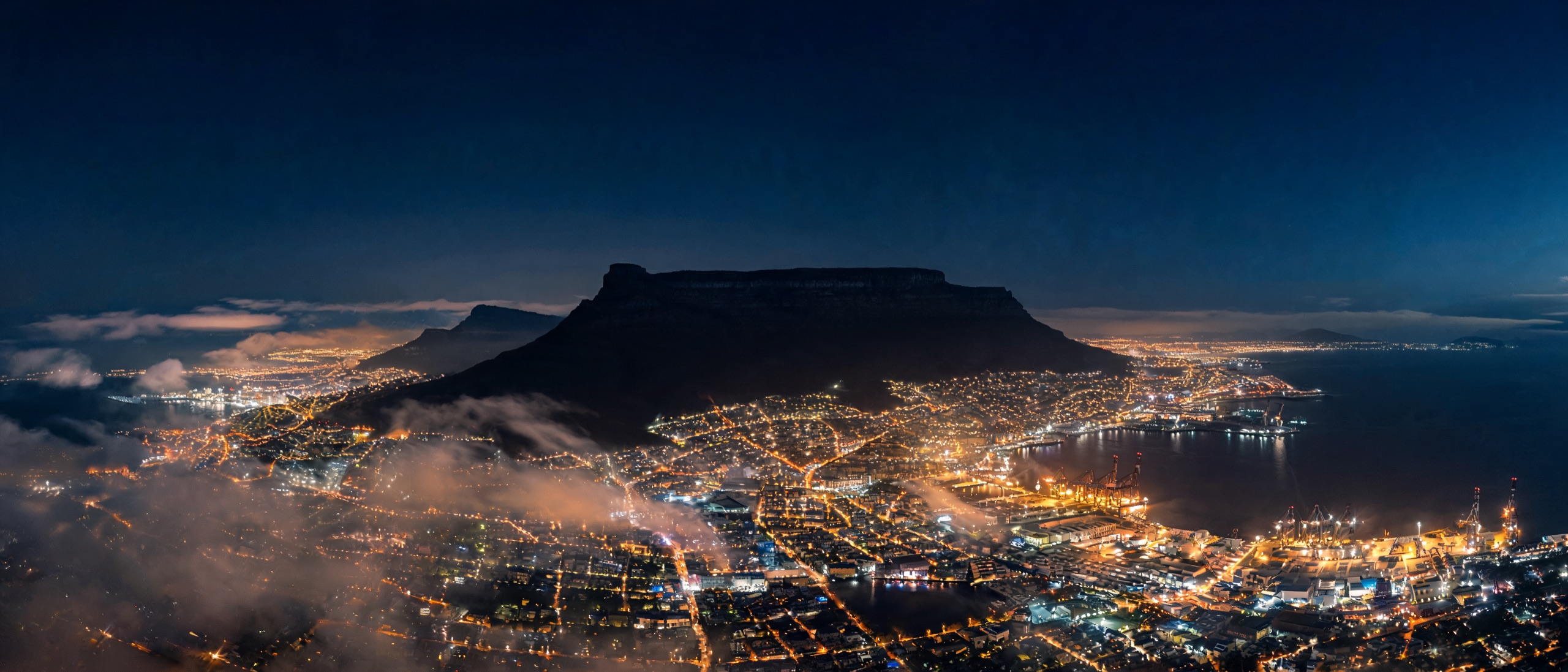 Aerial night view of Cape Town and Table Mountain